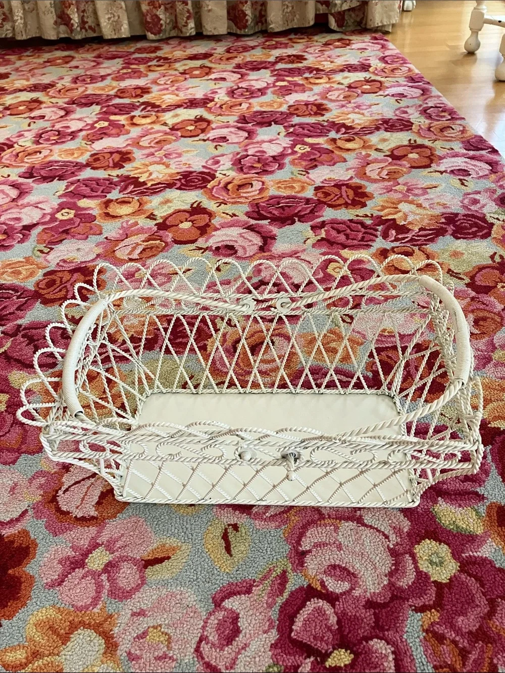 Vintage White Metal Basket With Handles French Country, Cottage core
